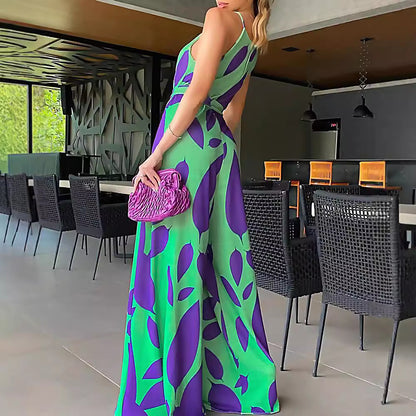 FLOWERSVERSE 2025 Popular trade New spring temperament commuter sleeveless pendulum suspender type printed green high-waisted bag jumpsuit