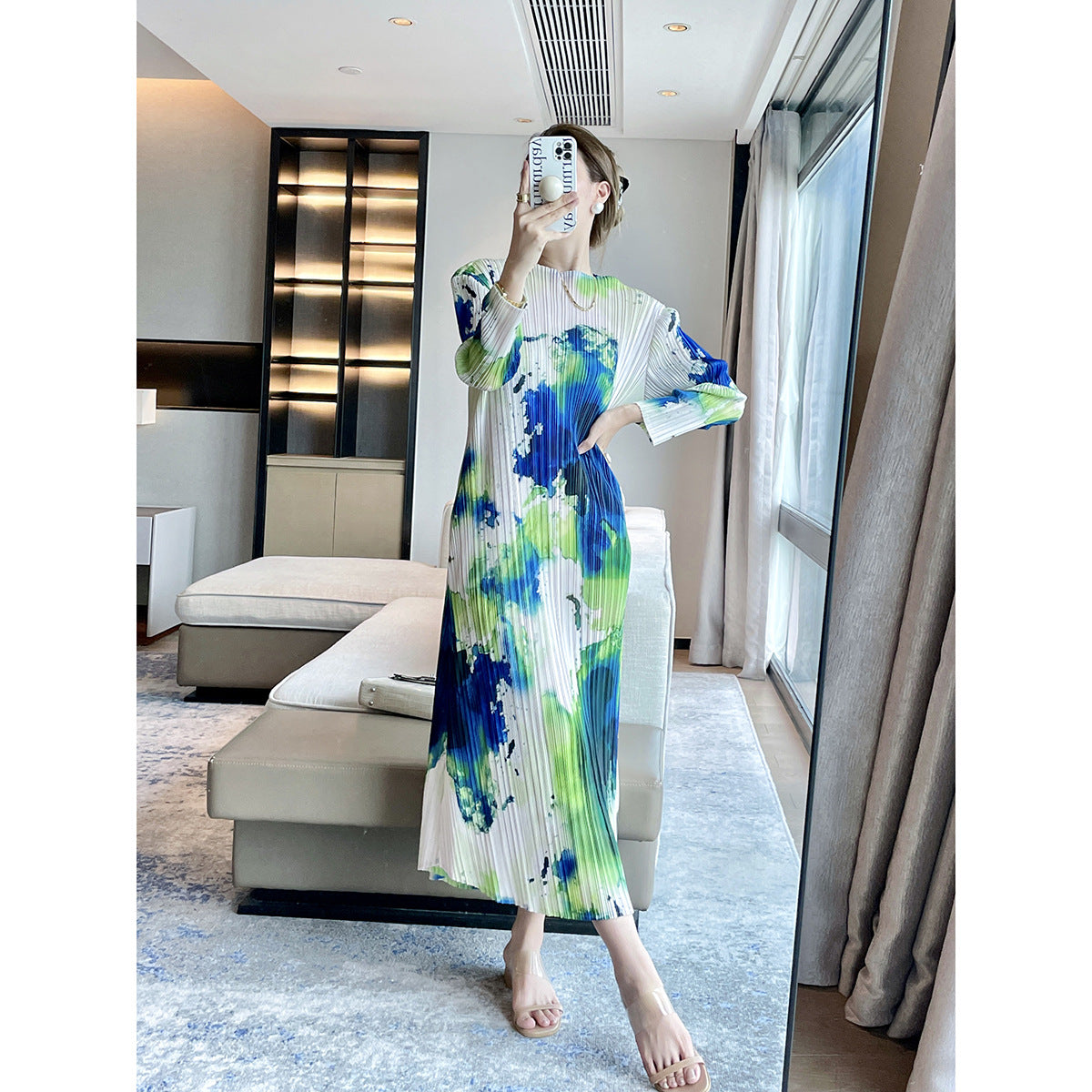 Miyake  autumn new ink abstract printing retro pleated dress femininity elegant and thin dress