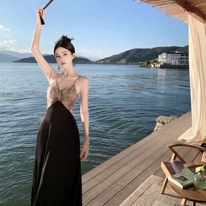 2025 holiday style tie-dye v-neck suspender dress women's summer sexy backless splicing a word beach temperament long dress