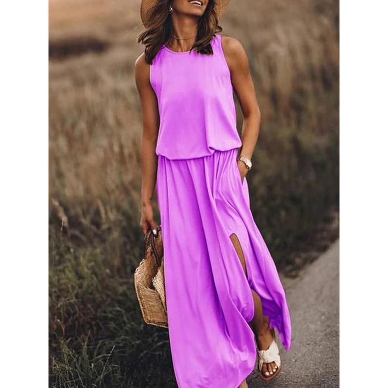 FLOWERSVERSE Cross-border new summer  2025 women's clothing  round neck sleeveless solid color medium and long swing dress
