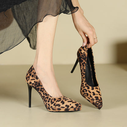 2025 1233A New Popular trade waterproof table leopard print high heels women's pointed thin heels super high heels sexy suede single shoes