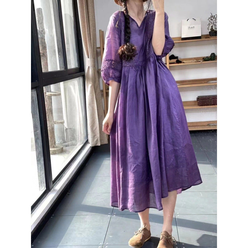 Comfortable and stylish simple seven-quarter-sleeved literary lace-up dress  summer temperament V-neck small fresh dress