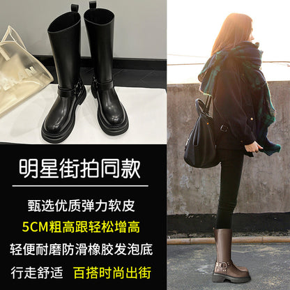 2025 Boots Women's but knee knight boots  autumn new thick-soled heightening locomotive boots belt buckle high boots