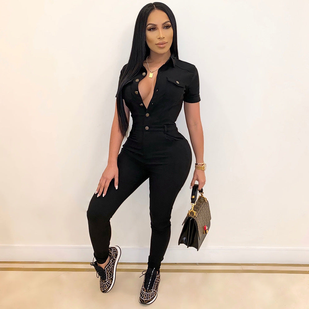 FLOWERSVERSE  S390172  Foreign Trade European and American Women's Clothing Casual Solid Color Polo Collar Short Sleeve Single-Breasted One-Piece Trousers for Women