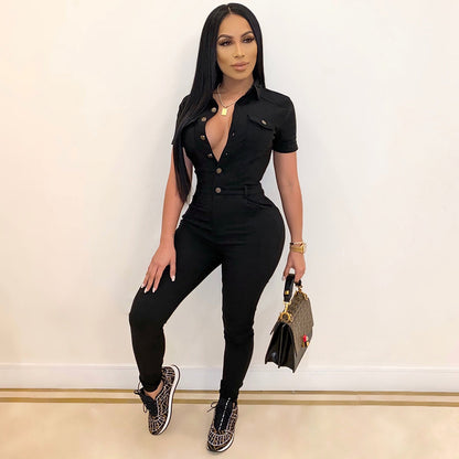 FLOWERSVERSE  S390172  Foreign Trade European and American Women's Clothing Casual Solid Color Polo Collar Short Sleeve Single-Breasted One-Piece Trousers for Women