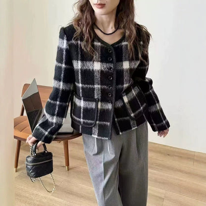 2025 Black and white grid small fragrant style round neck single-breasted front shoulder short double-sided nylon wool coat woolen coat women's 25 spring