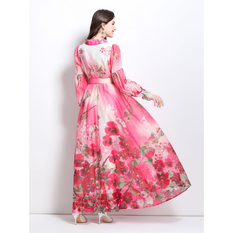 spring and summer new watercolor flower shirt-style long dress