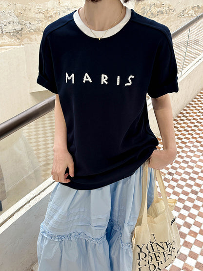 2025  Spring New Korean Version Front Shoulder Niche Design Contrasting Color Crew Neck Splicing Short Sleeve T-Shirt 80118