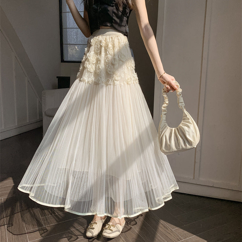 2025 fashion versatile three-dimensional flower mesh skirt women's spring wear high waist thin small long skirt