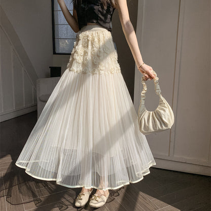 2025 fashion versatile three-dimensional flower mesh skirt women's spring wear high waist thin small long skirt