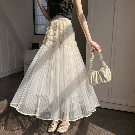 2025 fashion versatile three-dimensional flower mesh skirt women's spring wear high waist thin small long skirt