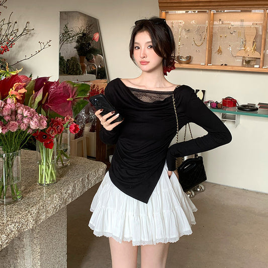 2025 Thirteen Lines  Spring New Korean Edition Temperament Lace Swing Neck Bottom Shirt Long Sleeve Top 89209