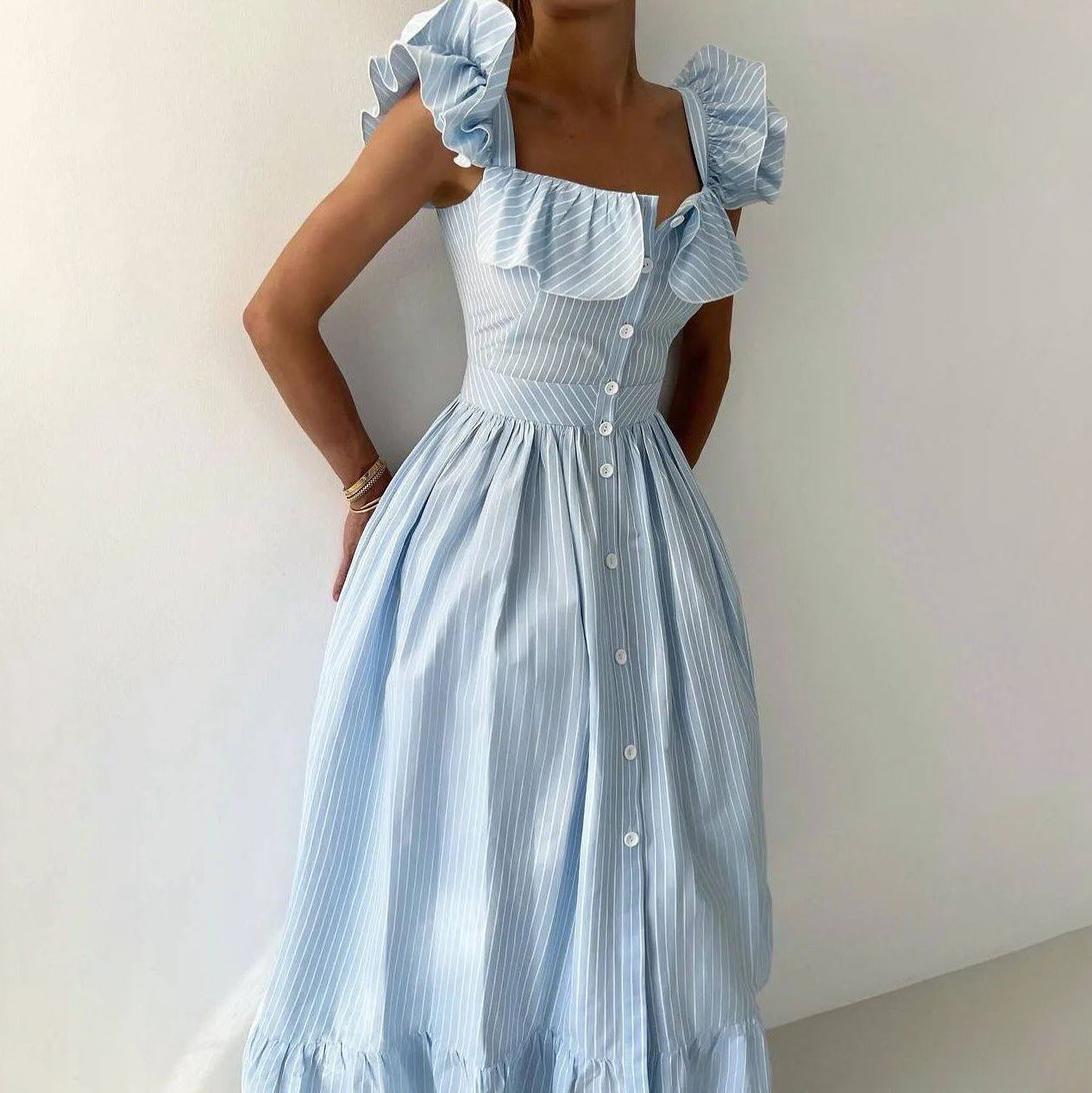 temperament commuter style ruffle edge striped dress women's summer high-end neckline cuffs double design women's clothing