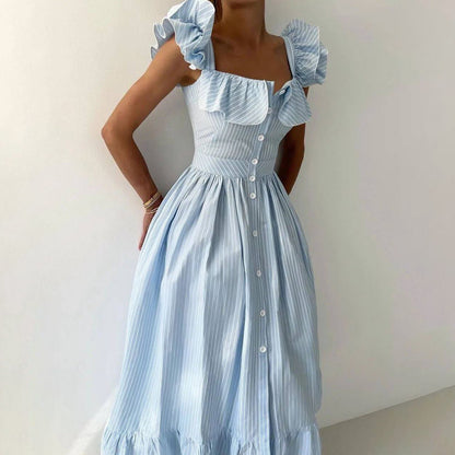 temperament commuter style ruffle edge striped dress women's summer high-end neckline cuffs double design women's clothing