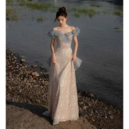 One-word shoulder  banquet evening dress women's 2025 new spring girlfriend bridesmaid engagement toasting dress bridal dress