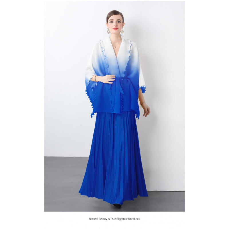 Fashion suit women's clothing strap waist gradual change color pleated cardigan top high waist pleated skirt two sets