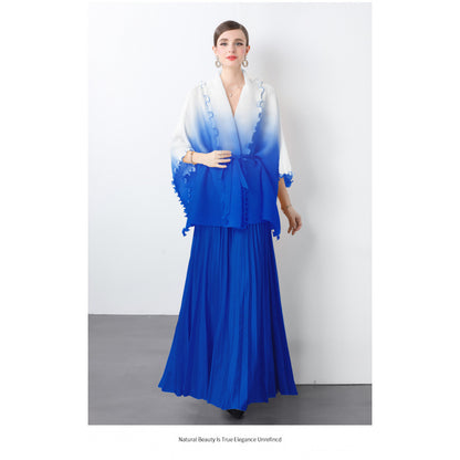 Fashion suit women's clothing strap waist gradual change color pleated cardigan top high waist pleated skirt two sets