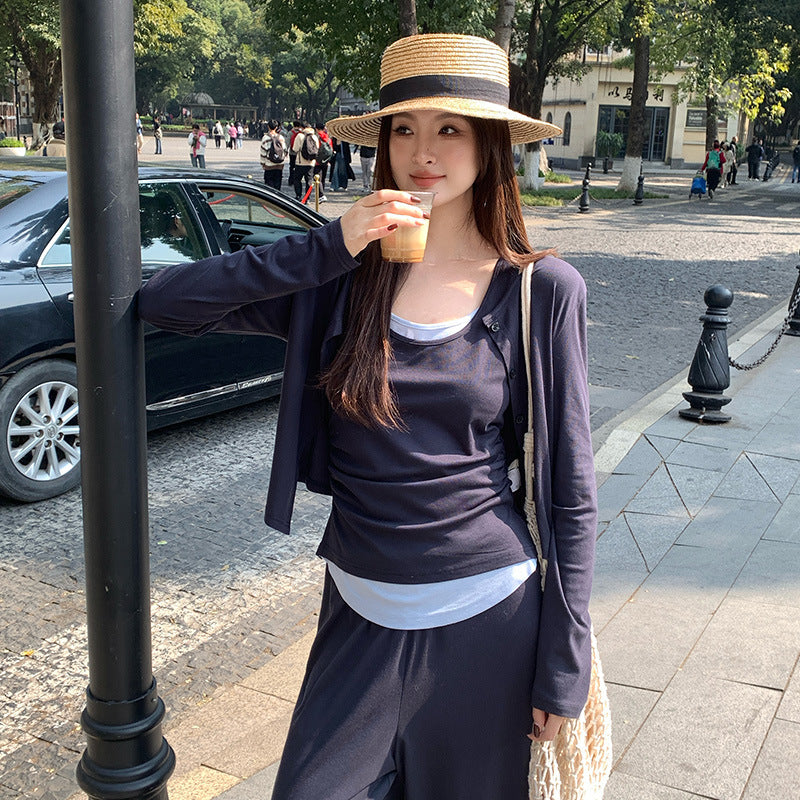 2025 Spring Temperament Knitted Cardigan Vest + High Waist Half-length Pants Three-piece Set Women 89296