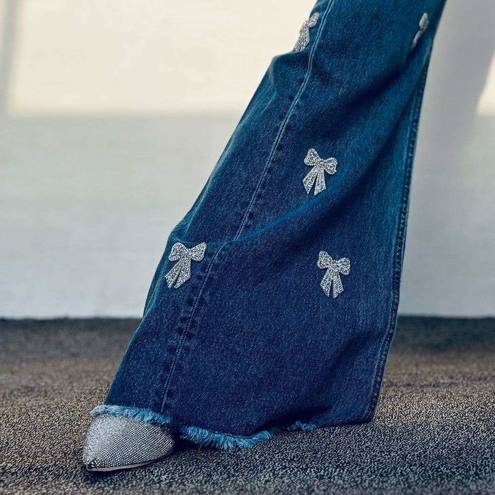 New bow hot diamond design sense slightly pull jeans high waist and thin street style casual trousers