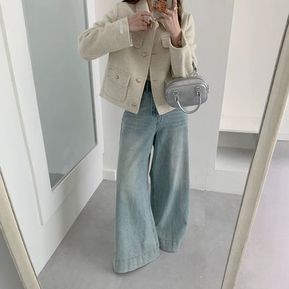 2025 Xiaoxiangfeng solid color lapel single-breasted short double-sided wool coat woolen jacket high-end women's metal buttons