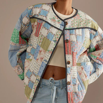 2025 autumn and winter European and American cross-border fashion patch single-breasted women's jacket round neck printed cotton clothing WQK0386