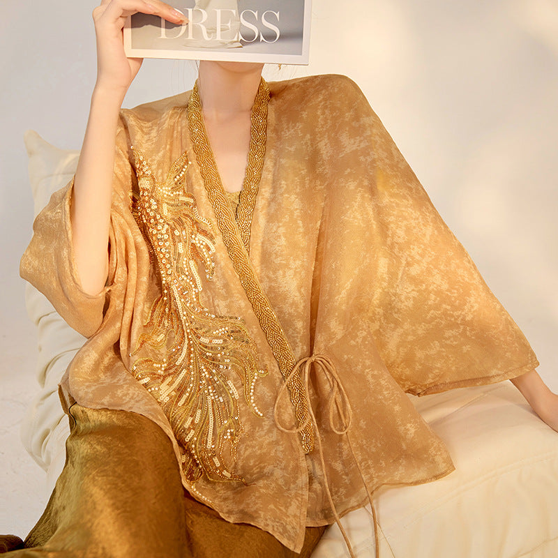 new national style new Chinese high-end design embroidered beads light luxury gold silk loose top women's M5061