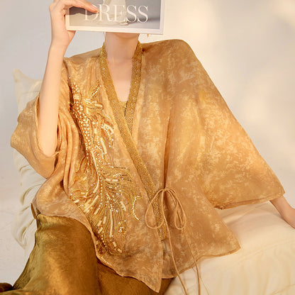 new national style new Chinese high-end design embroidered beads light luxury gold silk loose top women's M5061