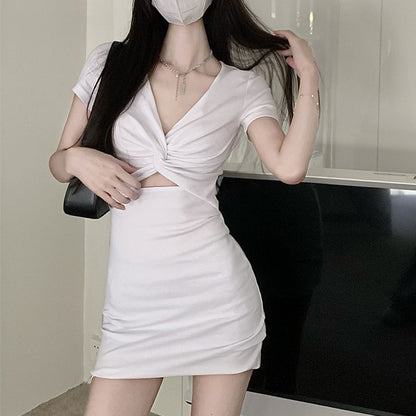 Hot Girl Sexy Cutout V-neck Short Sleeve Dress Women's Summer White Elegant Cross Waist-Tight Short Hip Skirt