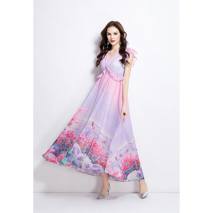 GRETA  spring new retro flower small fly sleeve long dress