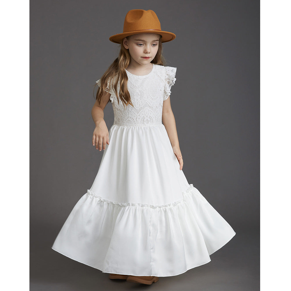 flowersverse New Children's Clothing Girls' Dress Children's Wedding Lace Long Dress Middle and Big Children Host Costume for Piano Performance