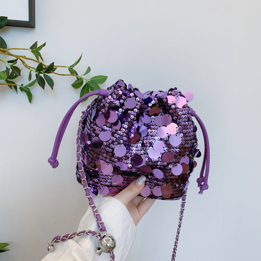 FLOWERSVERSE 2025 Sparkling large sequined pump belt bucket bag fashionable light luxury minimalist dinner bag Popular style chain shoulder messenger bag