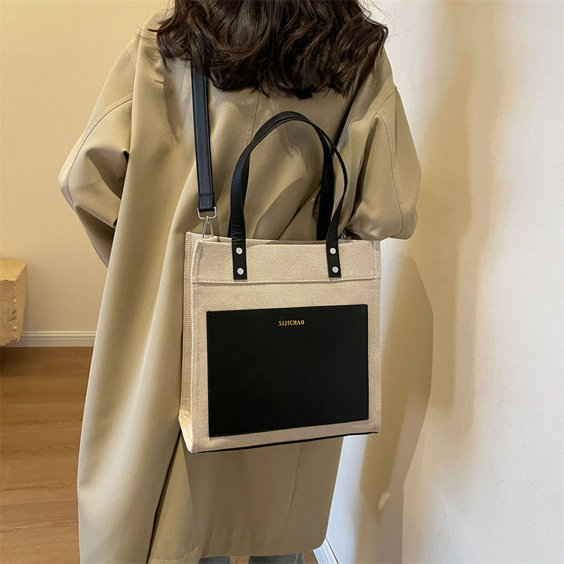 FLOWERSVERSE  Tote Bag Large Capacity Contrast Color Canvas Vertical Tote  New Fashion Retro Commuter Shoulder Messenger Bag