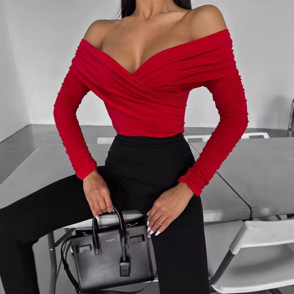 New women's clothing, sexy Spice Girls slim-fit top, solid color fashion V-neck off-the-shoulder splicing long-sleeved jumpsuit