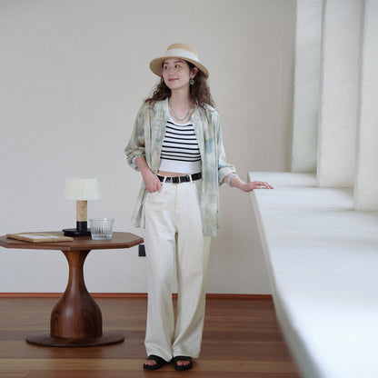 Shirt women's summer, ink printing stand-up collar long-sleeved cardigan, casual loose retro shirt top women B0639