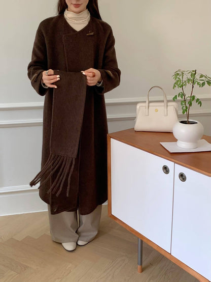 2025 Scarf collar, solid color horn buckle, one buckle, extended double-sided wool coat, woolen coat, women's warm autumn and winter