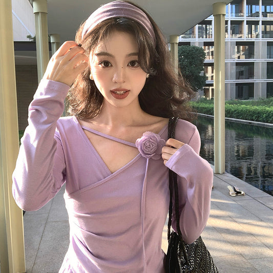 2025 Spring New Temperament Elegant Flower Bottom Knitted Sweater Skinny Long Sleeve Top Women's 89210