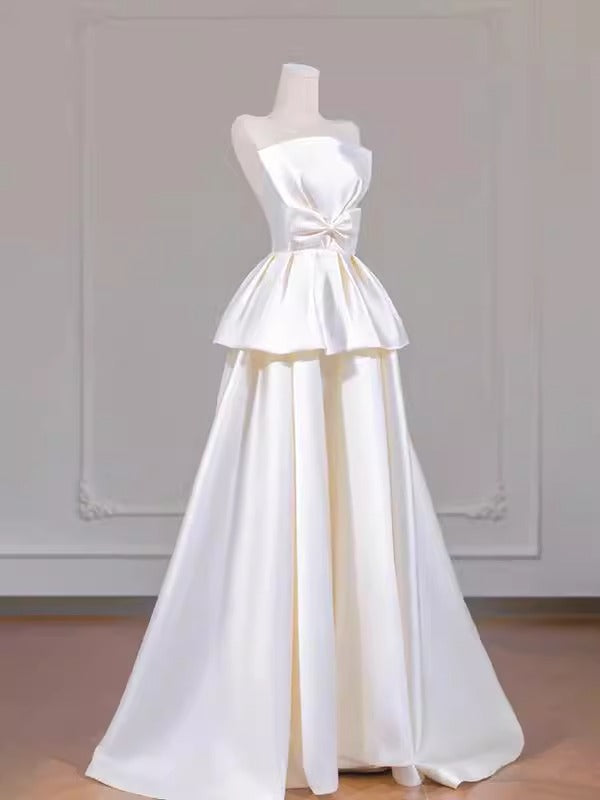 2025 tube top light wedding dress bride simple niche satin temperament go out yarn Mori bow engagement dress skirt
