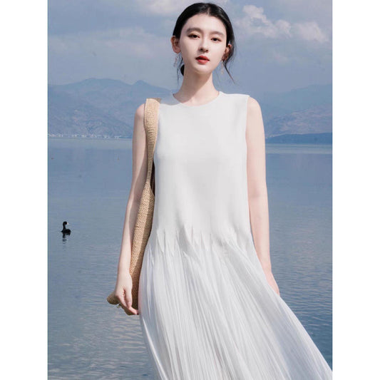 high-end temperament white sleeveless vest skirt travel dress women's summer seaside vacation super fairy long dress