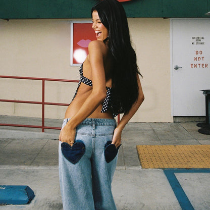 Cross-border summer women's straight denim washed heart-shaped embroidered jeans loose high street casual street trousers