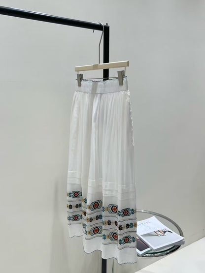 2025 Elegant ethnic style! Niche retro pattern embroidery edging cotton skirt + shirt top set