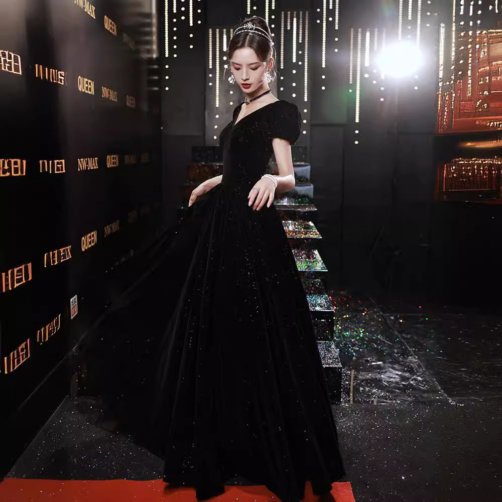 2025 Temperament evening dress women's  new black velvet dress celebrity temperament  banquet dress spring