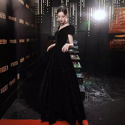 2025 Temperament evening dress women's  new black velvet dress celebrity temperament  banquet dress spring