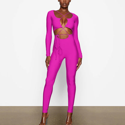 2025 New women's clothing sexy tight jumpsuit autumn new fashion strap backless long-sleeved jumpsuit