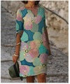 FLOWERSVERSE  new color matching printed patchwork V-neck wide Shochiku retro literary round neck five-quarter sleeve large size dress