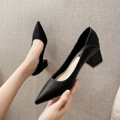 2025 555 pointed thick heel shallow mouth high heels soft leather commuter professional work shoes Korean version new single shoe manufacturer wholesale