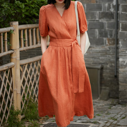 2025 Breathing 100% ramie wrap dress, Japanese casual bubble sleeves V-neck waist skirt women's summer