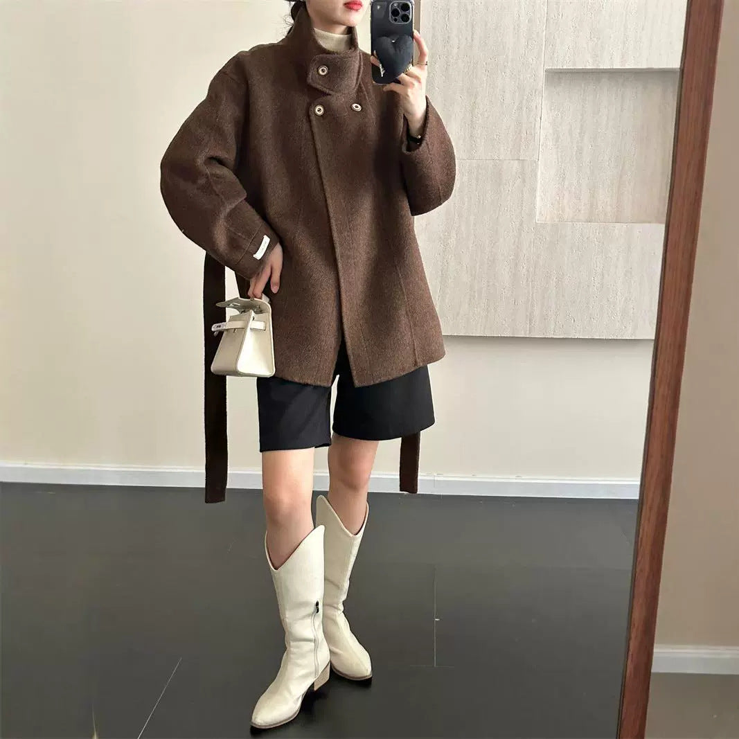 2025 Stand-up collar lace-up shoulder sleeves solid color wool double-sided cashmere coat woolen jacket versatile autumn and winter casual versatile