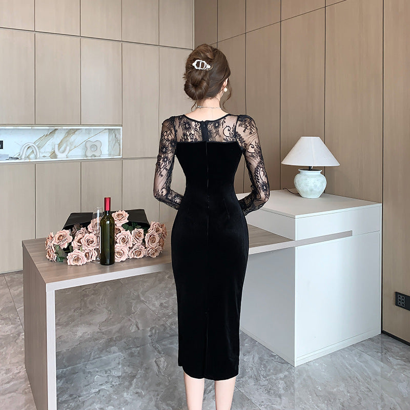 2025 New Year's robe velvet lace dress female autumn and winter socialite sexy hip-wrapped little mother long dress square neck Hepburn skirt