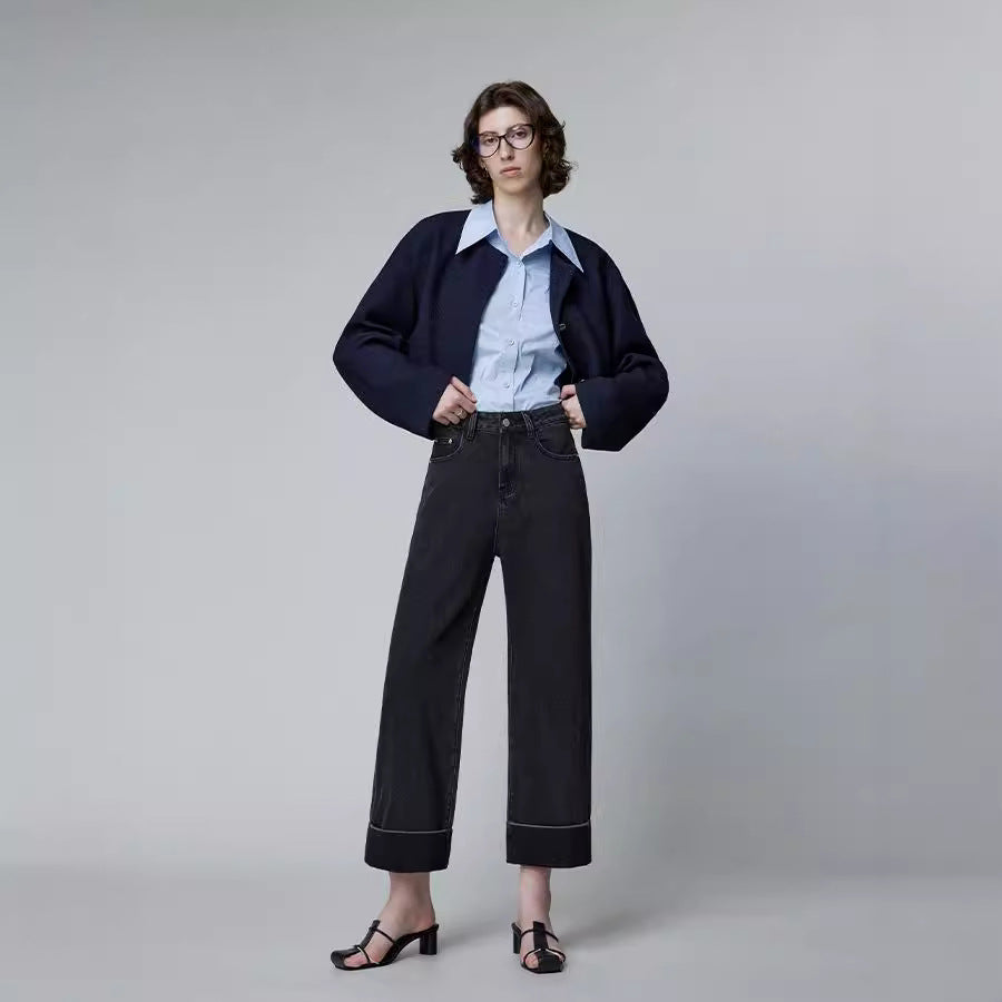 2025 popular Nanyou Women's High Waist Micro-elastic Jeans Flip Foot Straight Nine-Point Pants Exquisite Large Straight Through Jeans Women