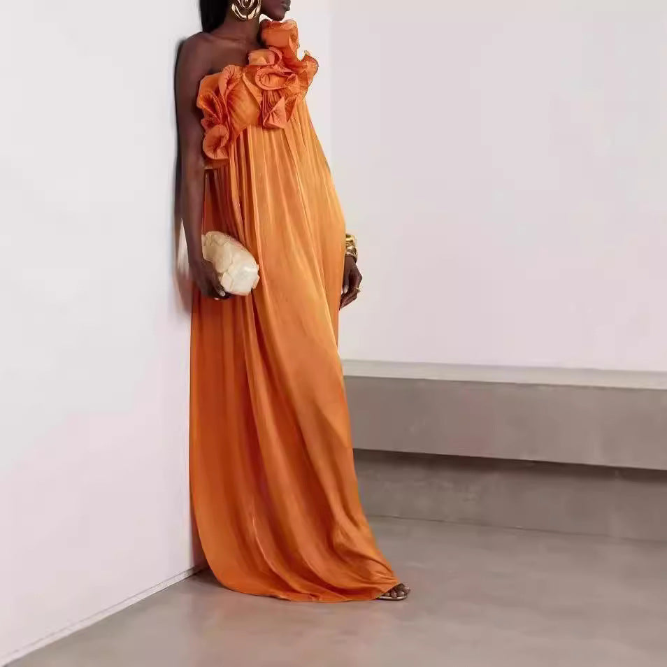 FLOWERSVERSE 2025  new women's clothing 2025 trade flower printing pleated off-the-shoulder splicing 2025 backless summer popular dress